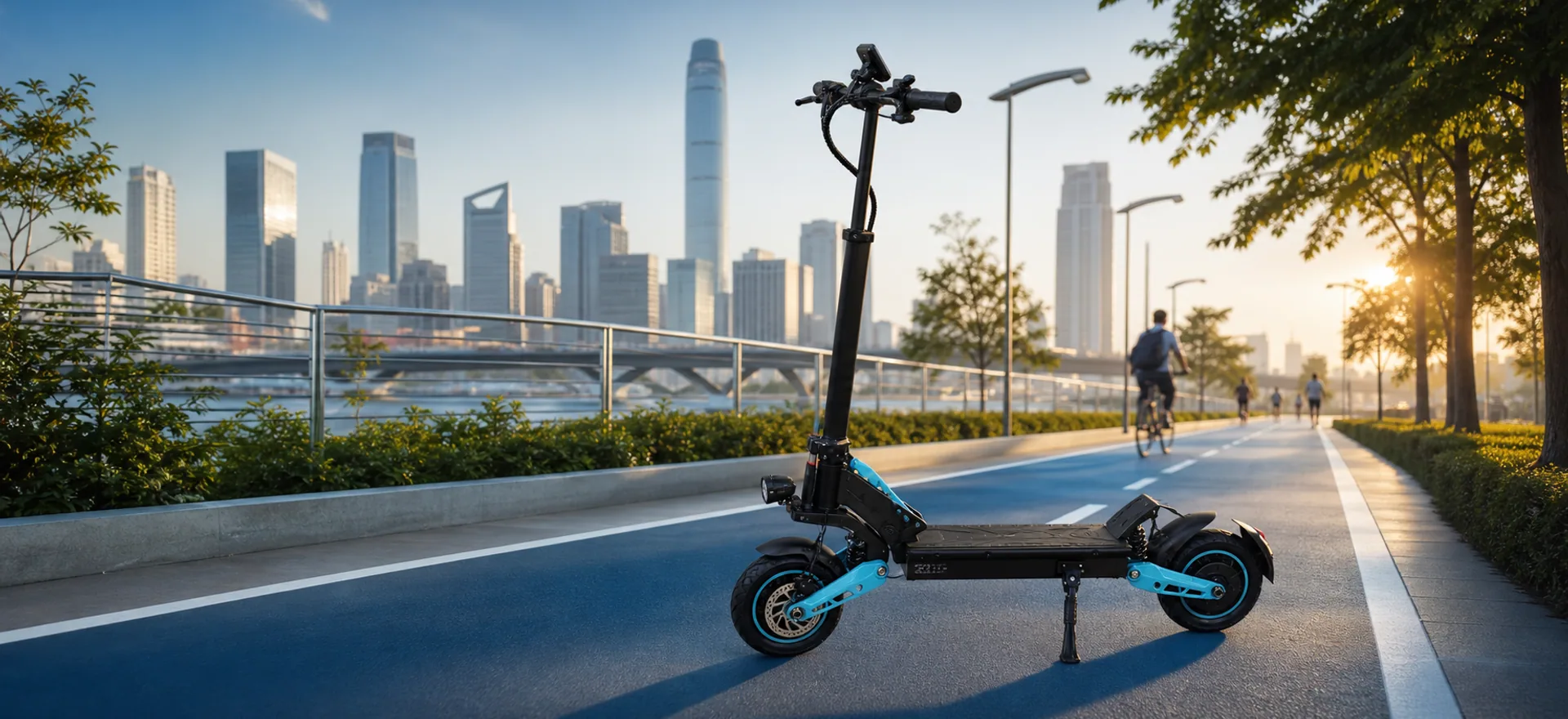 Electric scooter on a green urban commuter route