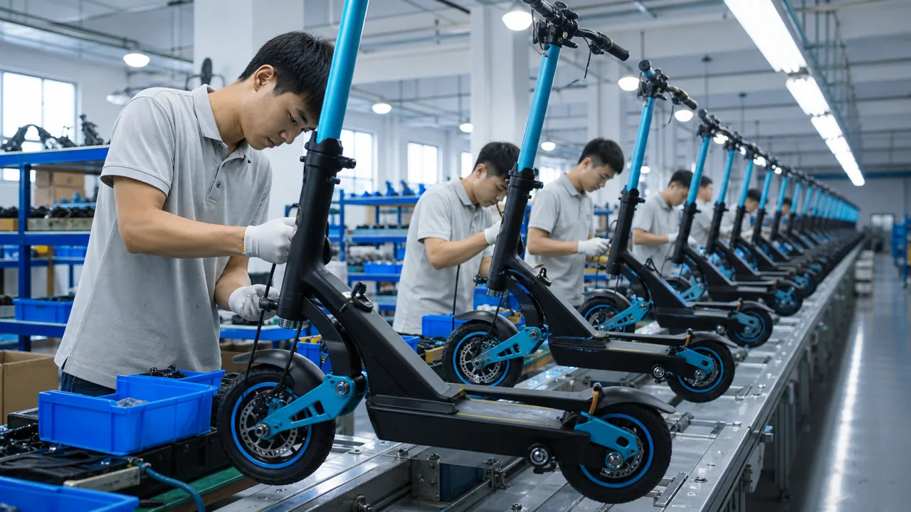 Electric scooters moving through an organized assembly line