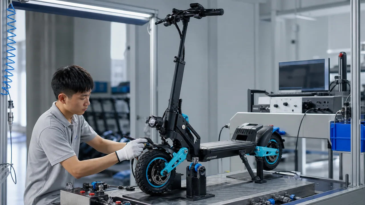 Finished electric scooter undergoing end-of-line inspection
