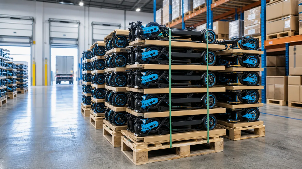 Palletized electric scooters ready for warehouse fulfillment